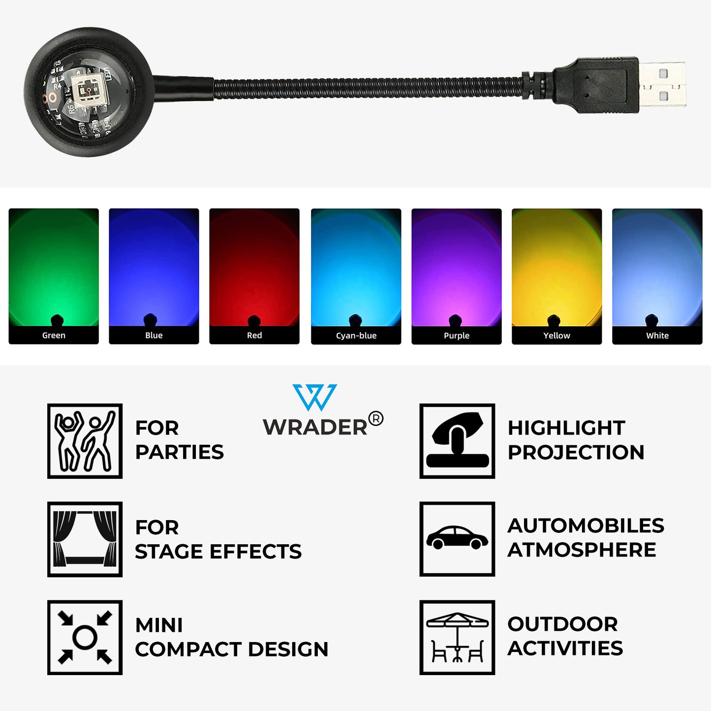 WRADER Sunset Projection Lamp Light for Home Decor Cars Video Shoots Bedroom Insta Reels & YouTube Night Lamp (12 cm, Black)