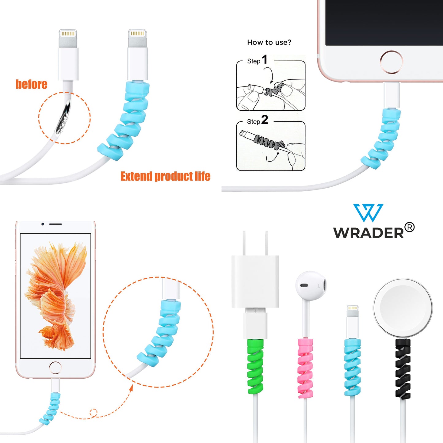 Premium Quality Set of 4 of Charging Cable Protector Drop Clips for Data Cable, Earphones, Mouse, Laptop Cable Protector