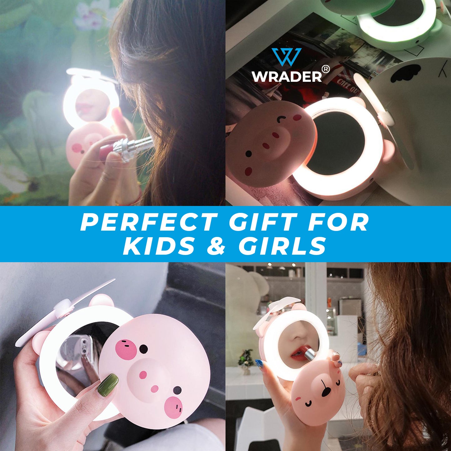 Portable Piggy Fan with Mirror & Lighting for Kids & Girls | Portable Fan with Mirror