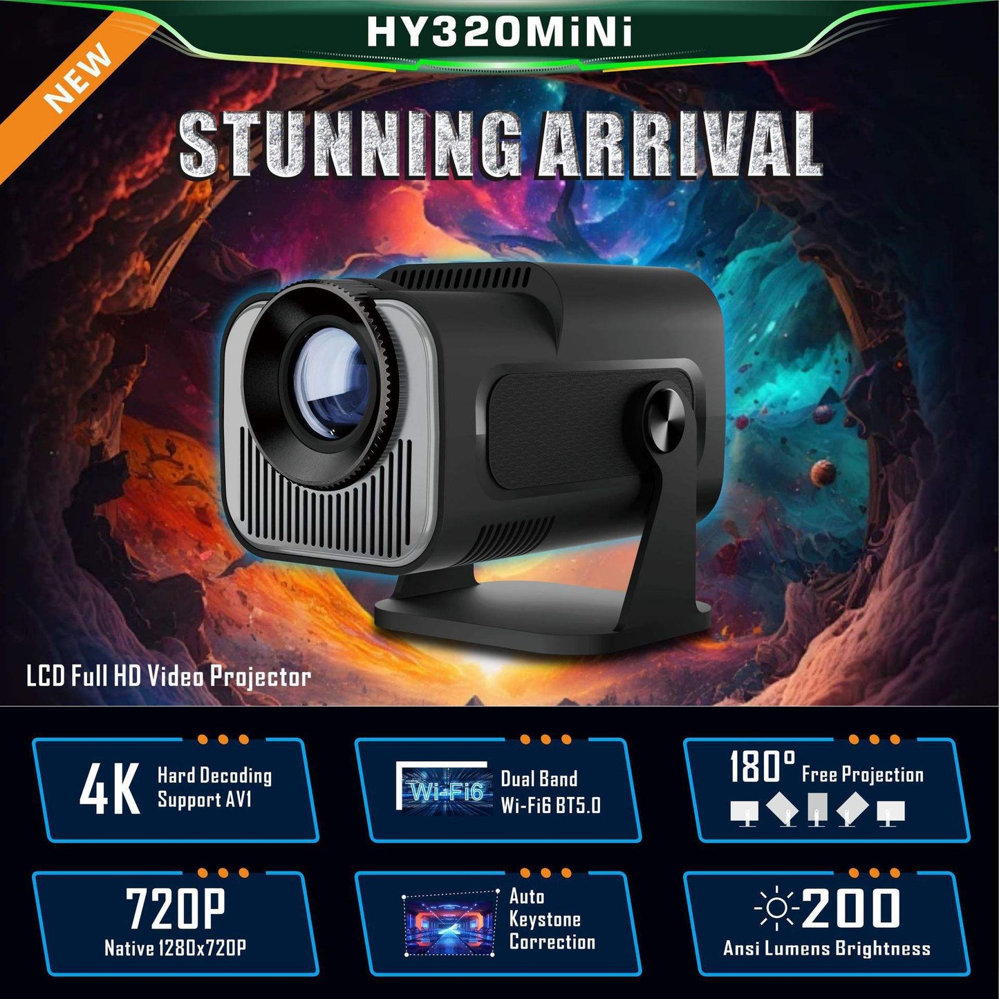 HY320 Mini Smart Android Projector – 720P Native, 4K Support, WiFi6 & Bluetooth, Android 11