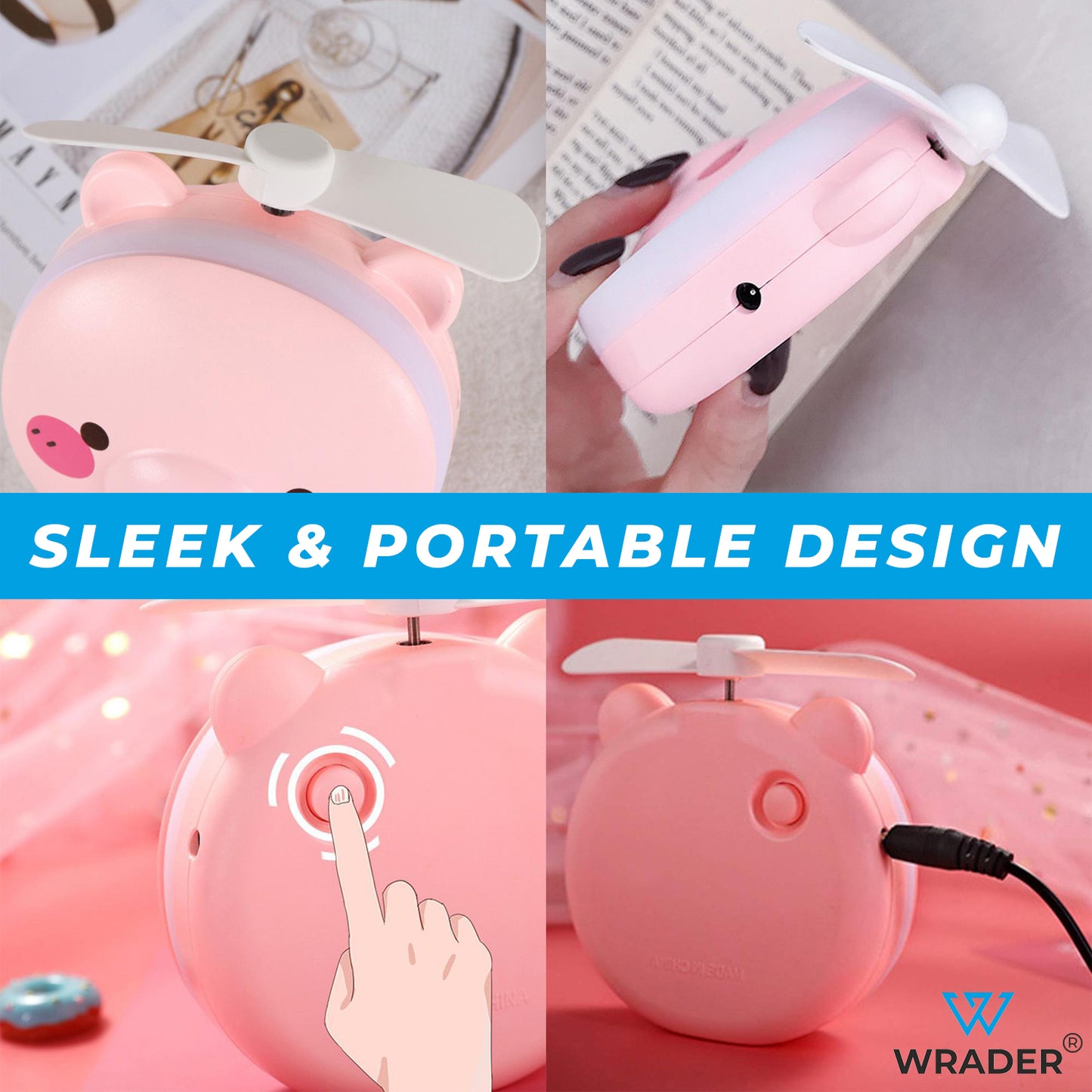 Portable Piggy Fan with Mirror & Lighting for Kids & Girls | Portable Fan with Mirror