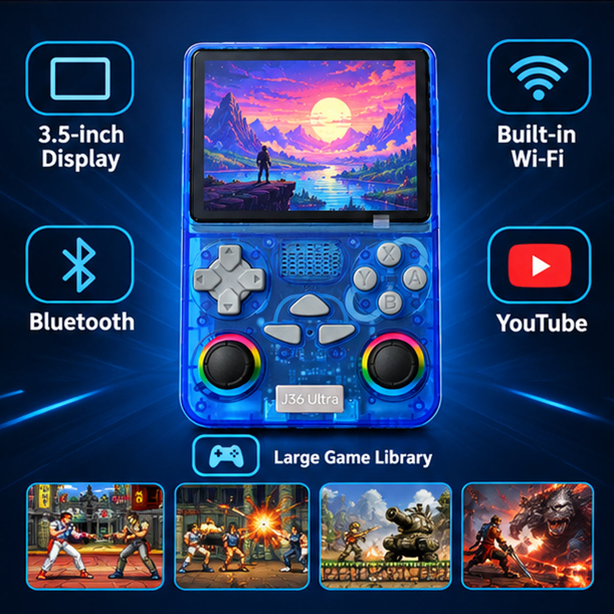 J36 Ultra Retro Game Console – 1GB RAM, 8GB Storage, 64GB SD Card, WiFi & Bluetooth 4.2 | Classic Games Console with YouTube