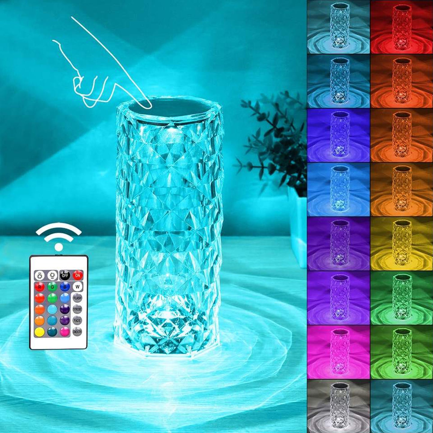 WRADER Rechargeable Crystal Lamp with 16 Color Modes Rose Diamond Table Lamp with Touch Night Lamp
