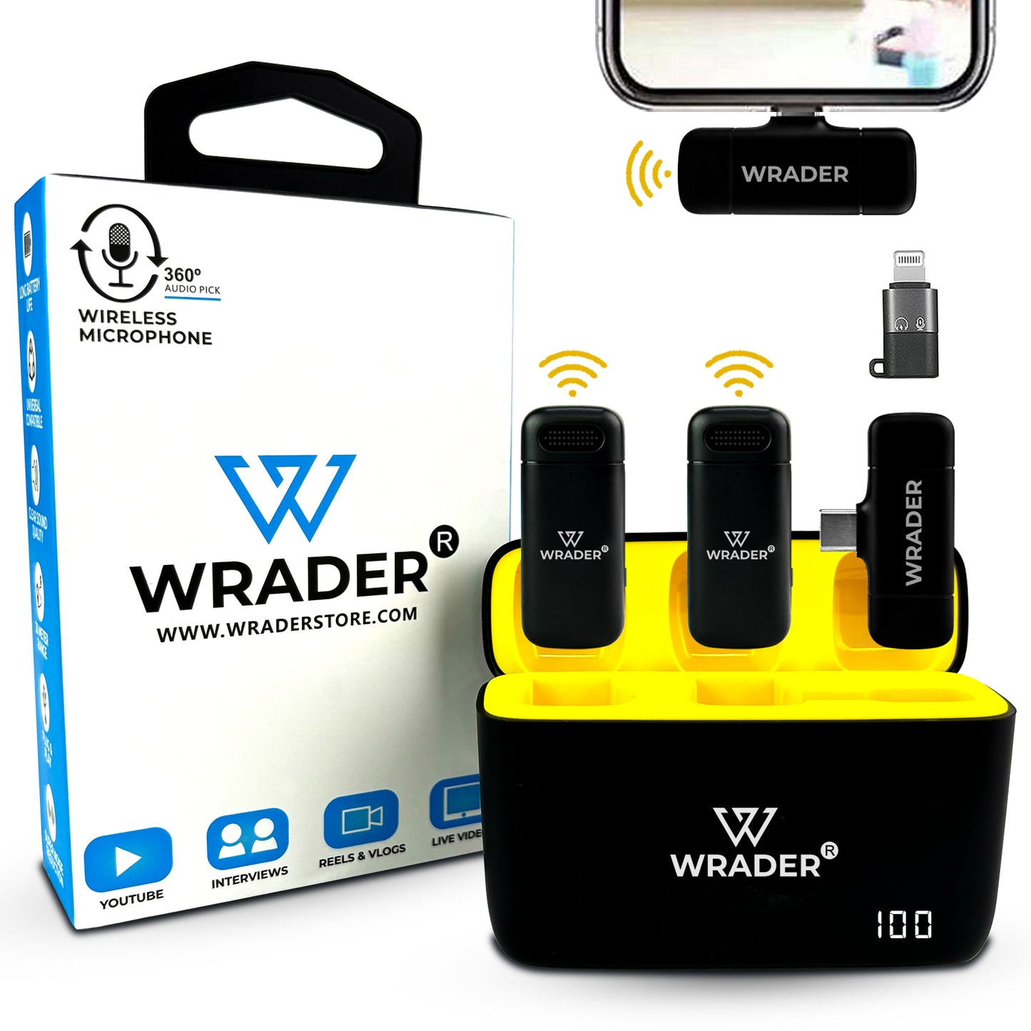 WRADER J06 Wireless Microphone with Digital Display Charger Case & Noise Reduction for Youtube Shorts Instagram Reels Facebook Reels Microphone