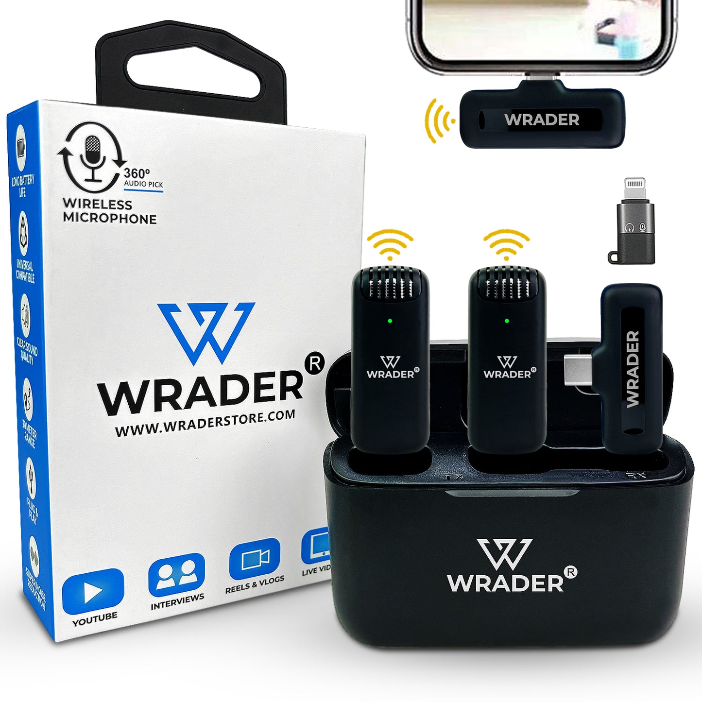 WRADER J13 Dual User Wireless Mic with Noise Cancellation for Type C Mobiles and iPhone Microphone