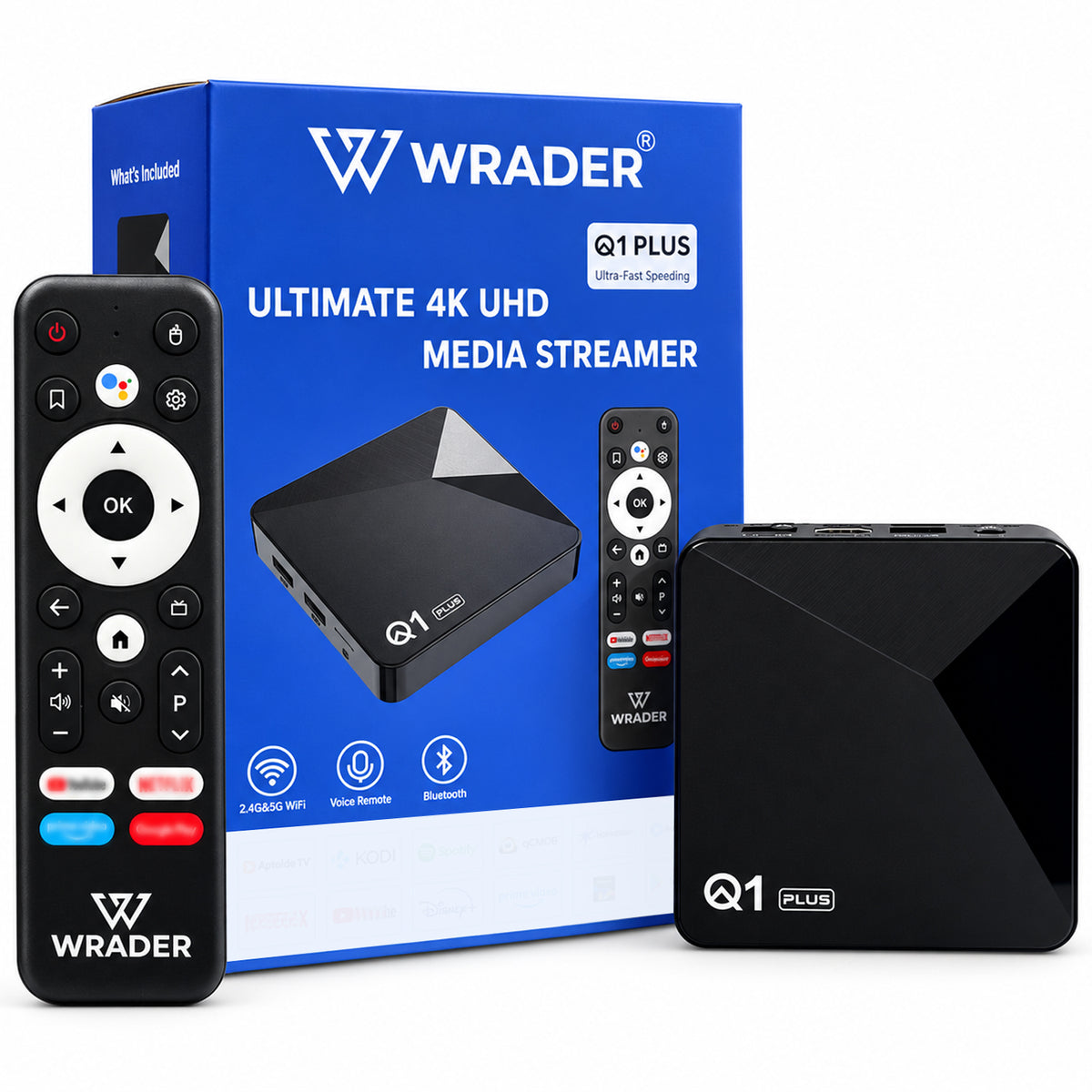 WRADER Q1 Plus Android TV Box 4GB RAM 32GB Storage | HDMI, 2 USB Ports, SD Card Slot & AV Output