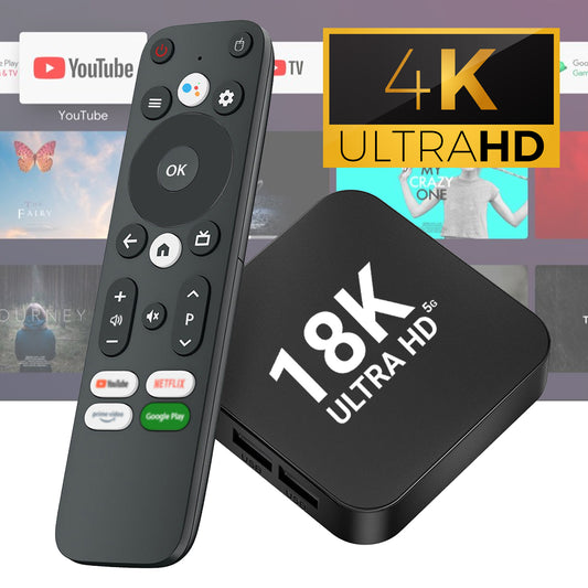 18K Android TV Box 4K Ultra HD Voice Control Built-in Chromecast  Compact Design With 8GB + 128GB