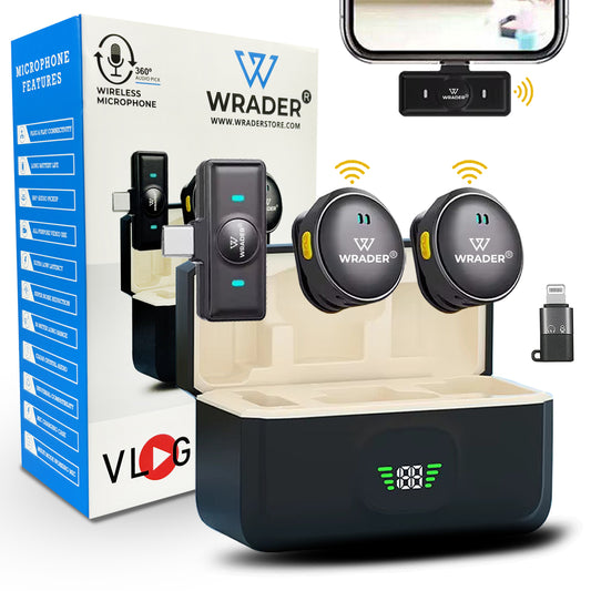 Wrader Q8 Wireless Microphone | Dual Mic Set with Noise Cancellation & Charging Case with Digital Display