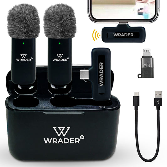 Wrader J13 Dual Wireless Microphone with Noise Cancellation, Charging Case & Mic Wind Muff for Clear Audio