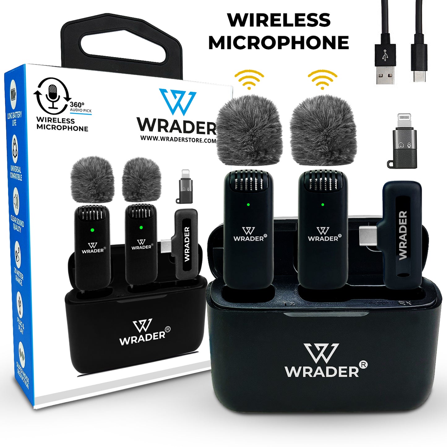Wrader J13 Wireless Microphone – Dual Mic Set with Receiver, Charging Case, Noise Cancellation, and Wind Muffs