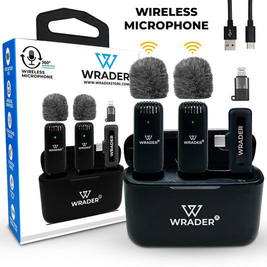 Wrader J13 Wireless Microphone – Dual Mic Set with Receiver, Charging Case, Noise Cancellation, and Wind Muffs