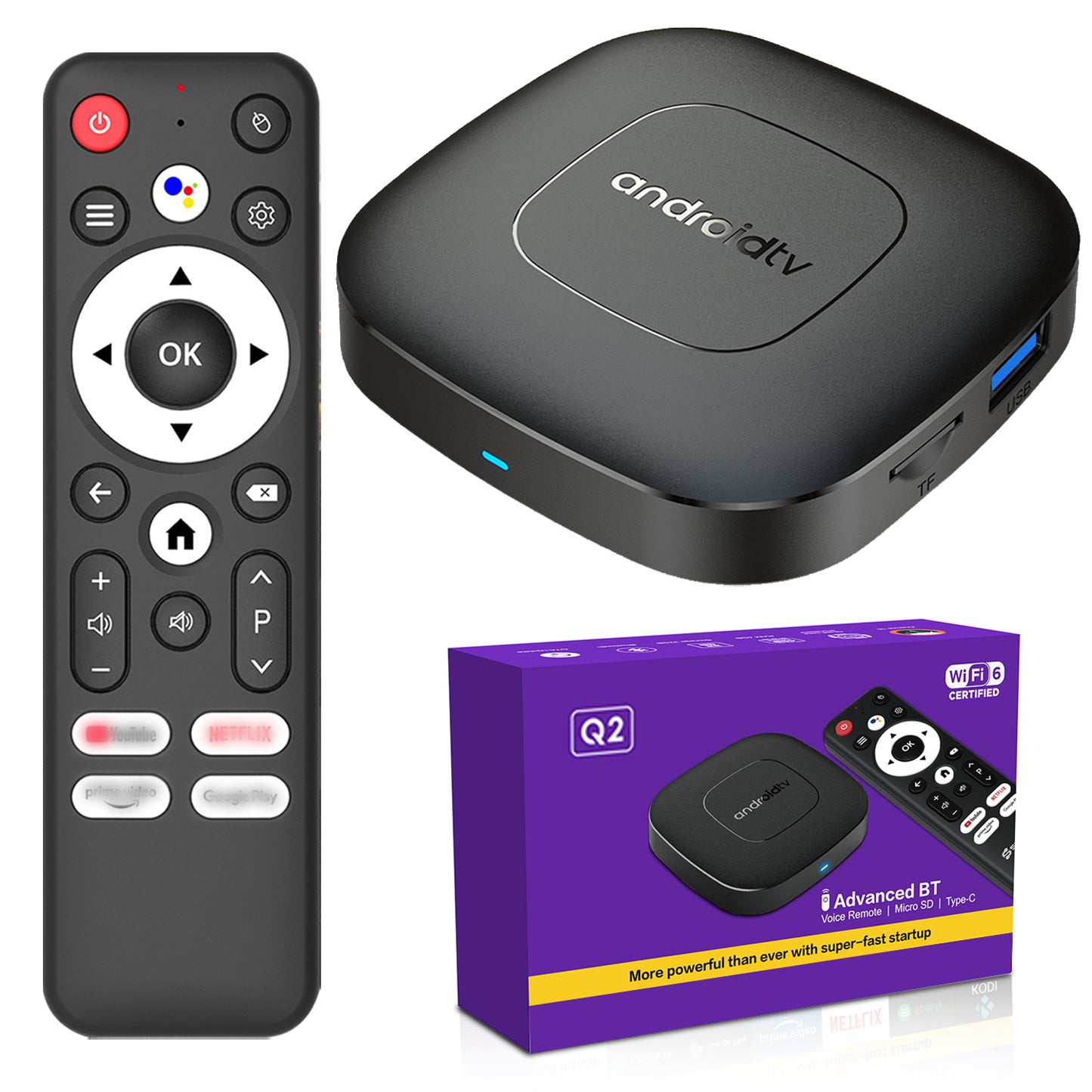 Q2 Android TV Box 4K Ultra HD Voice Control Compact Design With 4GB + 32GB