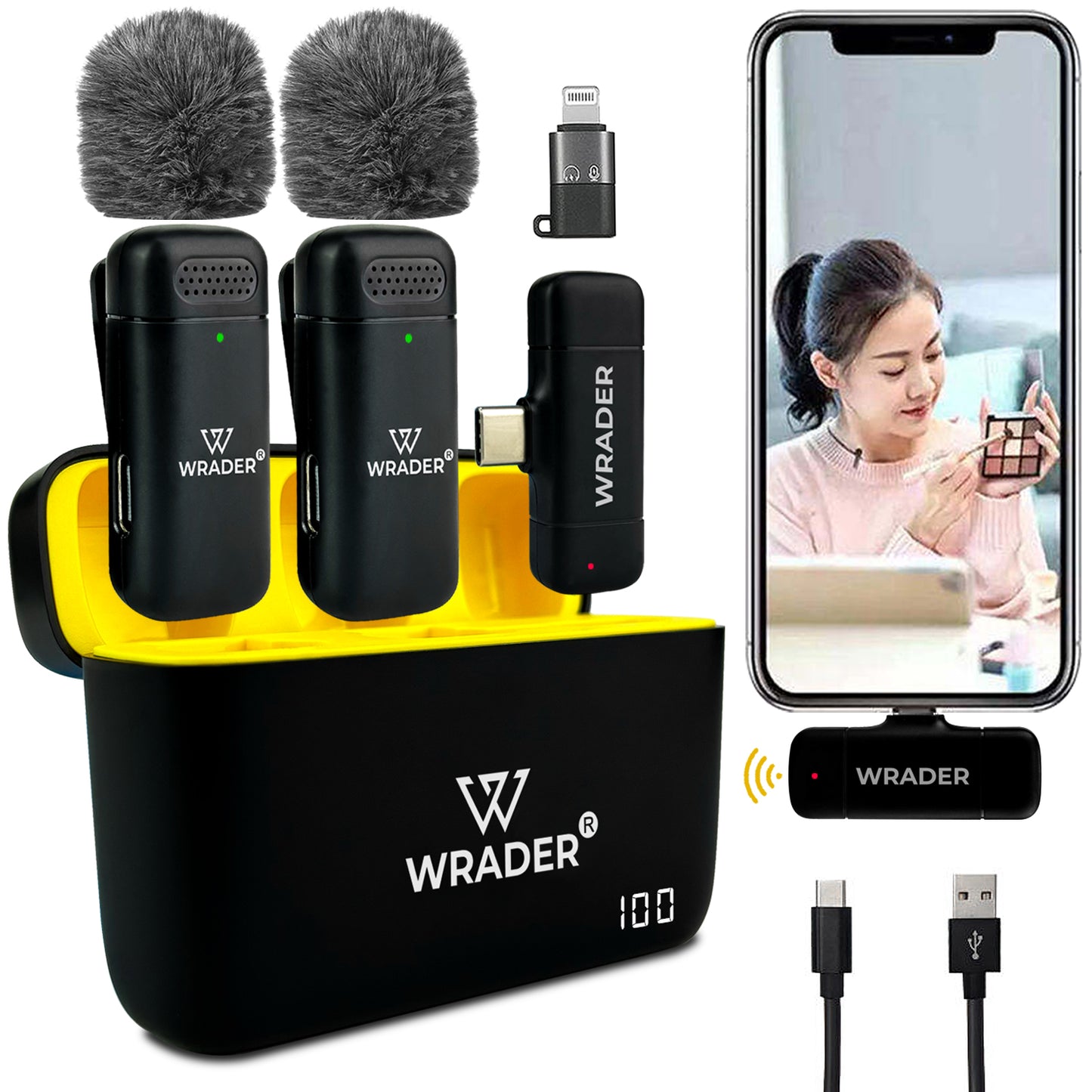 Wrader J06 Dual Wireless Microphone with Muffs & Charging Case Noise Cancellation, Mute & Reverb Mode.