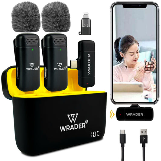 Wrader J06 Dual Wireless Microphone with Muffs & Charging Case Noise Cancellation, Mute & Reverb Mode.