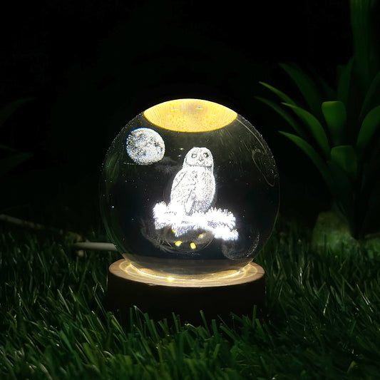 3D Owl & Moon Crystal Ball Night Lamp For Docorate Rooms / Bedroom / Office / Studio Etc