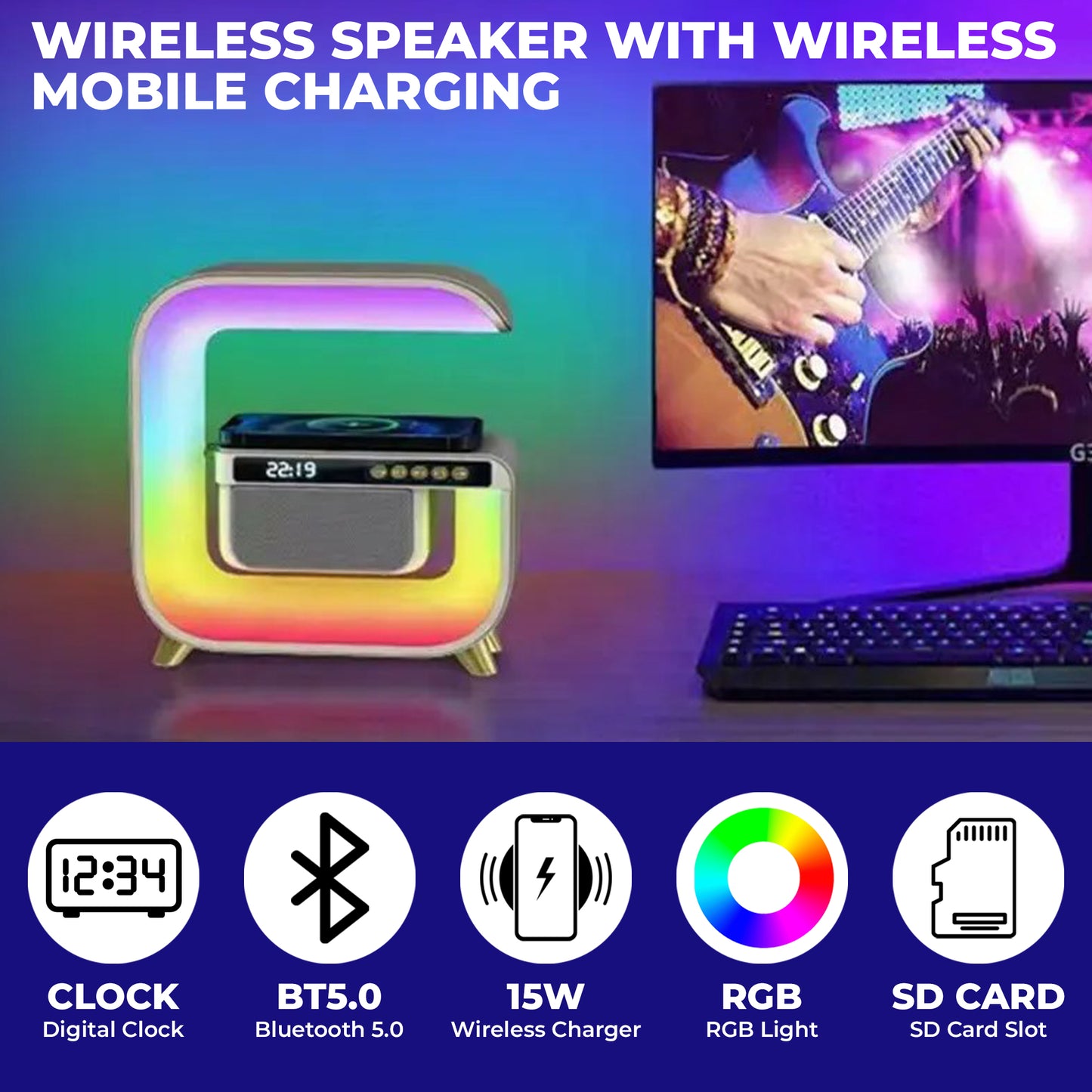 WRADER Multicolor LED G Speaker Night Lamp with Wireless Charger and Clock Google Lamp Night Lamp