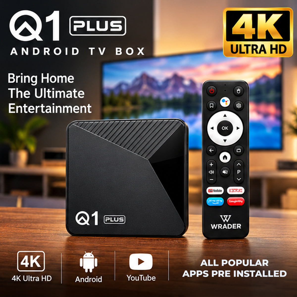 WRADER Q1 Plus Android TV Box 4GB RAM 32GB Storage | HDMI, 2 USB Ports, SD Card Slot & AV Output