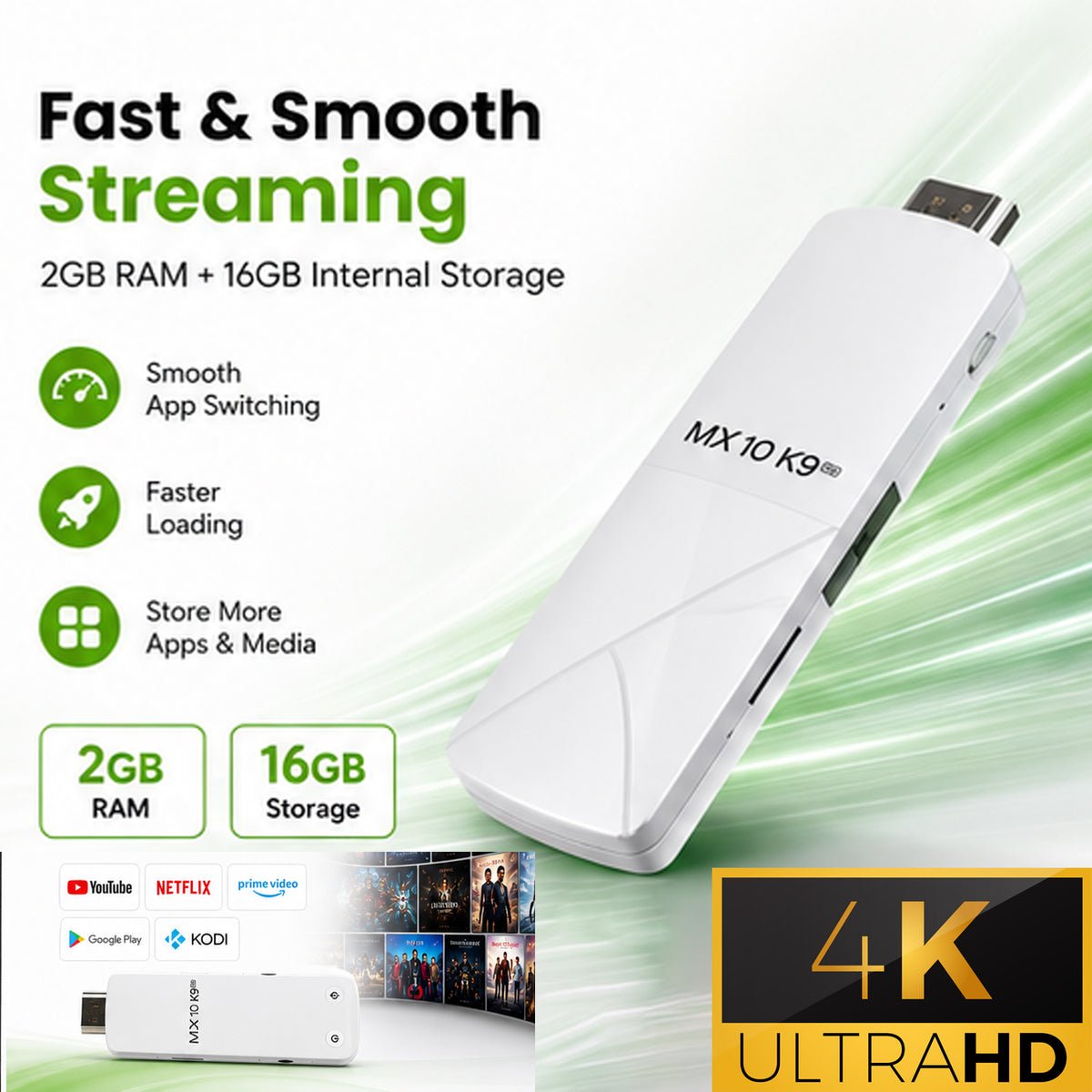 MX10 Android TV Stick 2GB RAM 16GB ROM | Up to 4K Ultra HD | Dual Band WiFi | Bluetooth | Smart TV Media Player