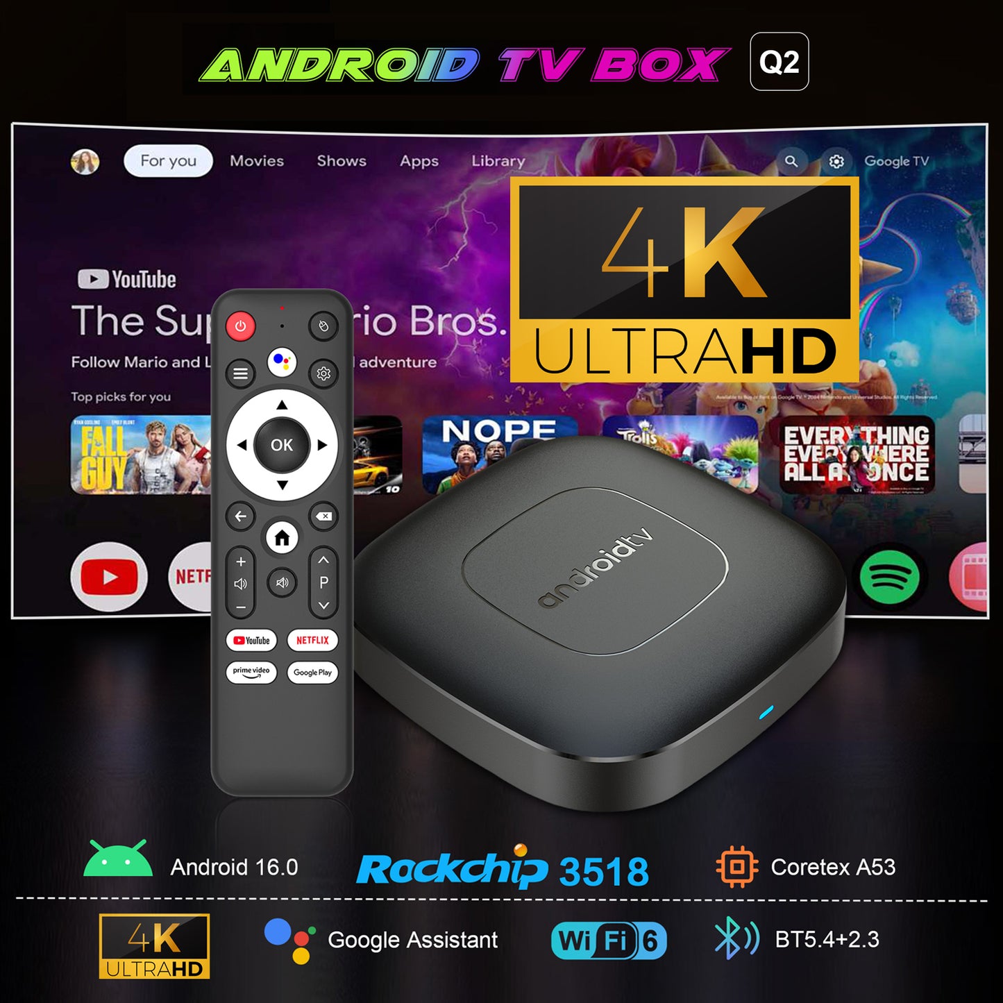 Q2 Android TV Box 4K Ultra HD Voice Control Compact Design With 4GB + 32GB