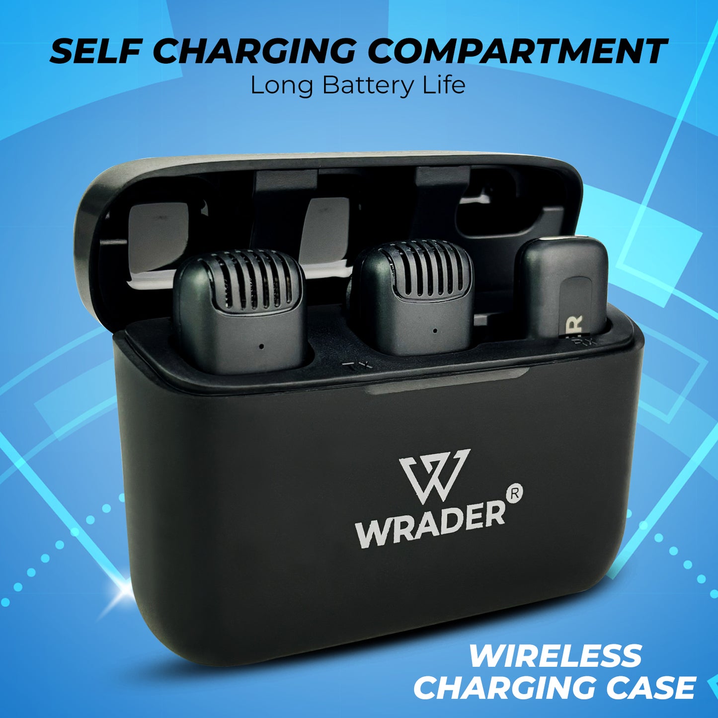 Wrader J13 Wireless Microphone – Dual Mic Set with Receiver, Charging Case, Noise Cancellation, and Wind Muffs