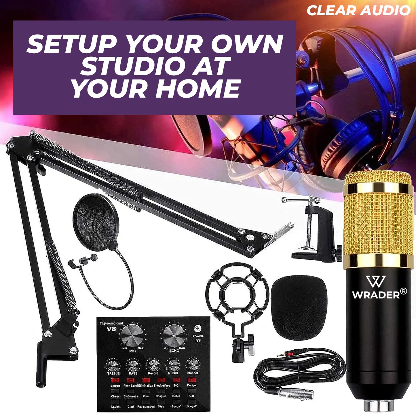 WRADER Condenser Studio Microphone with Sound Card for Recording, Streaming & Gaming