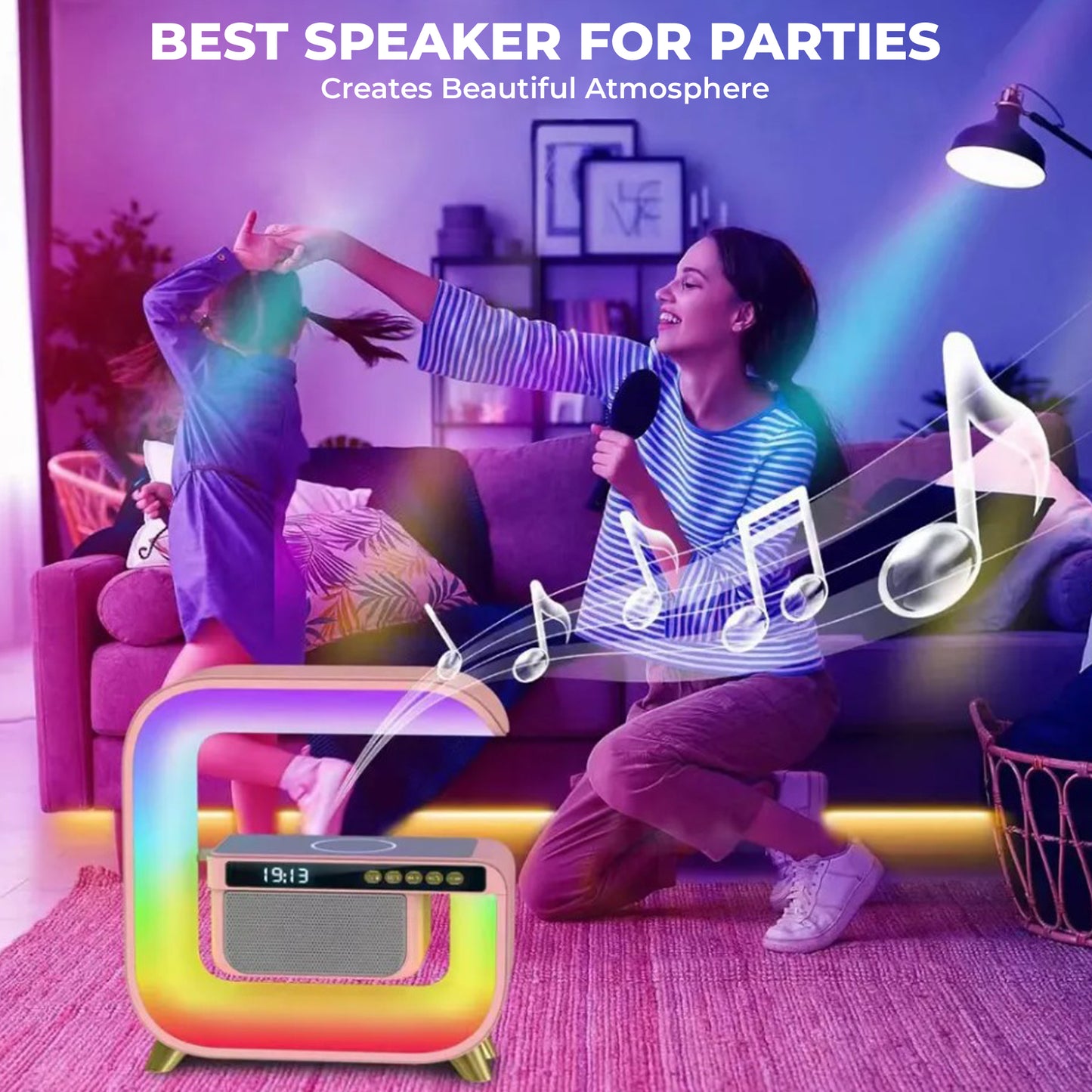 WRADER Multicolor LED G Speaker Night Lamp with Wireless Charger and Clock Google Lamp Night Lamp