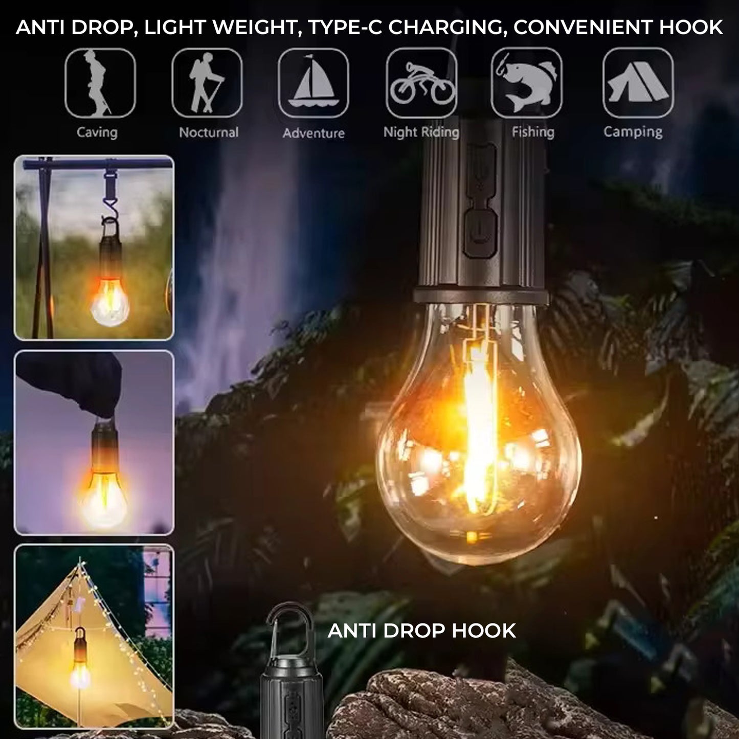 Rechargeable Hanging Hook Camping Bulb Light for Camping Hiking Household Tents Bulb Emergency Light