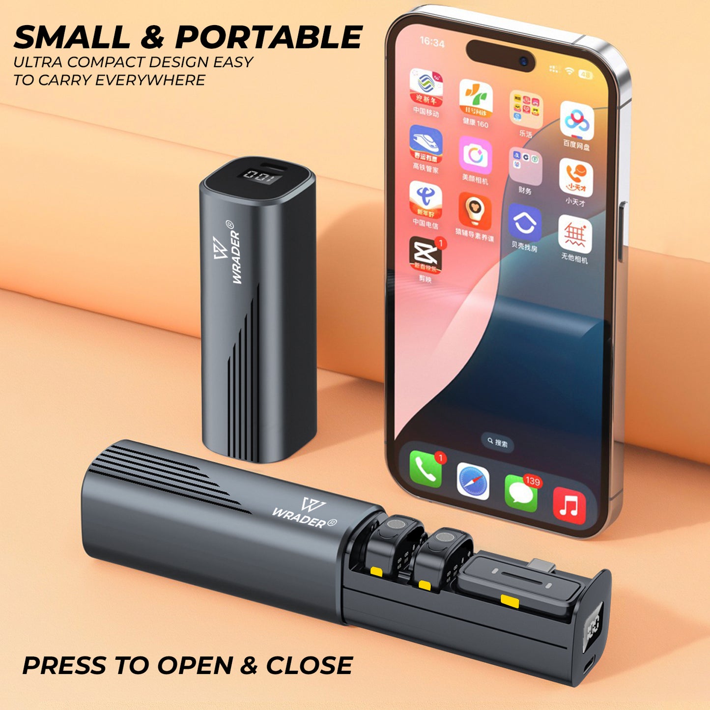 WRADER K26 Wireless Microphone – Premium Sliding Case & Ultra-Clear Audio For Android & iPhone
