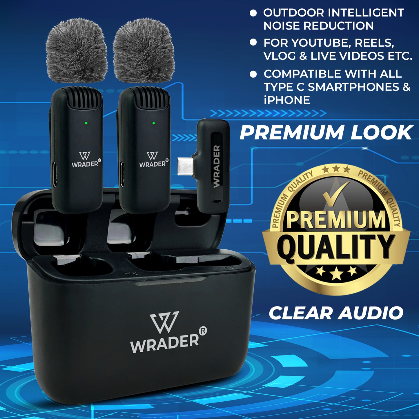 Wrader J13 Wireless Microphone – Dual Mic Set with Receiver, Charging Case, Noise Cancellation, and Wind Muffs