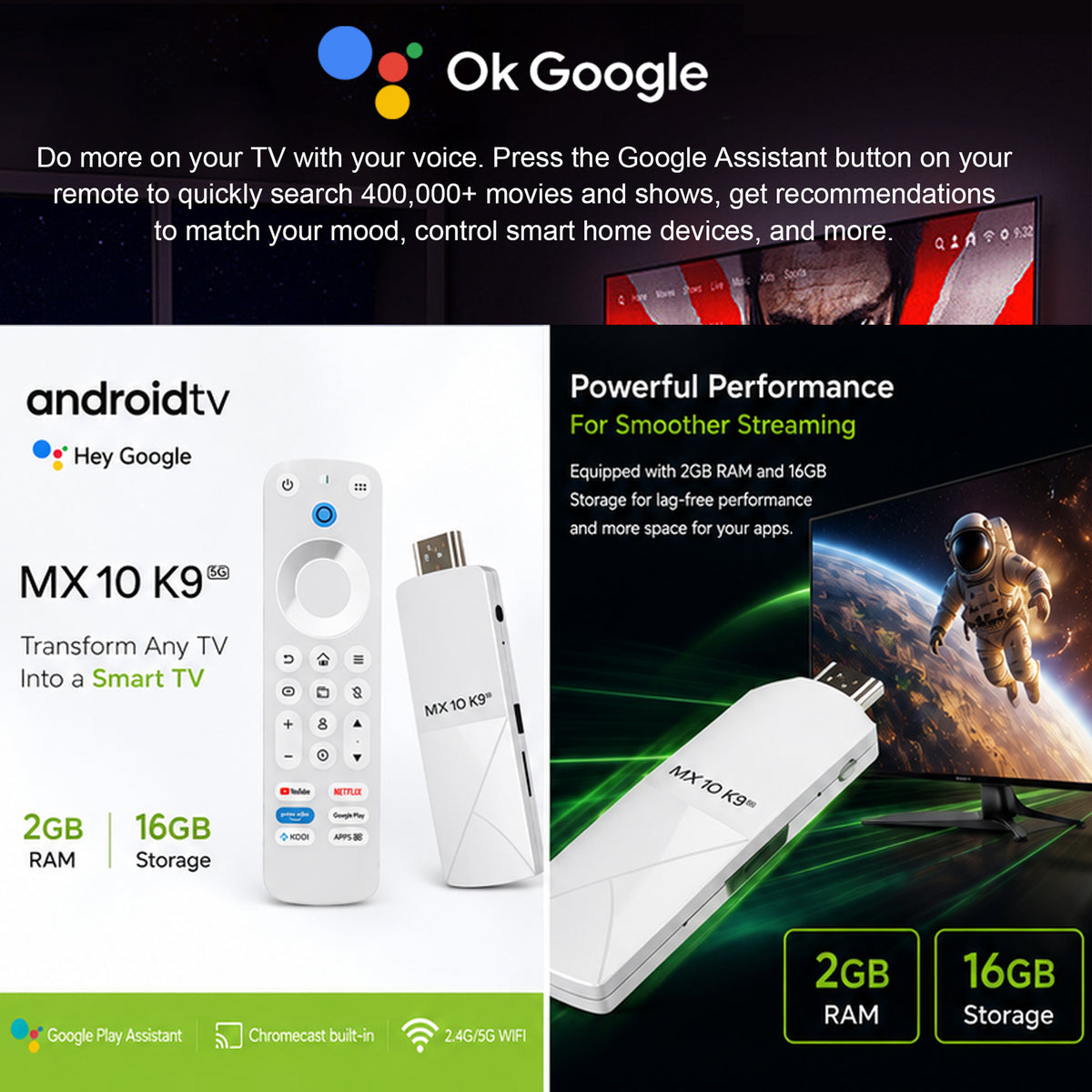 MX10 Android TV Stick 2GB RAM 16GB ROM | Up to 4K Ultra HD | Dual Band WiFi | Bluetooth | Smart TV Media Player
