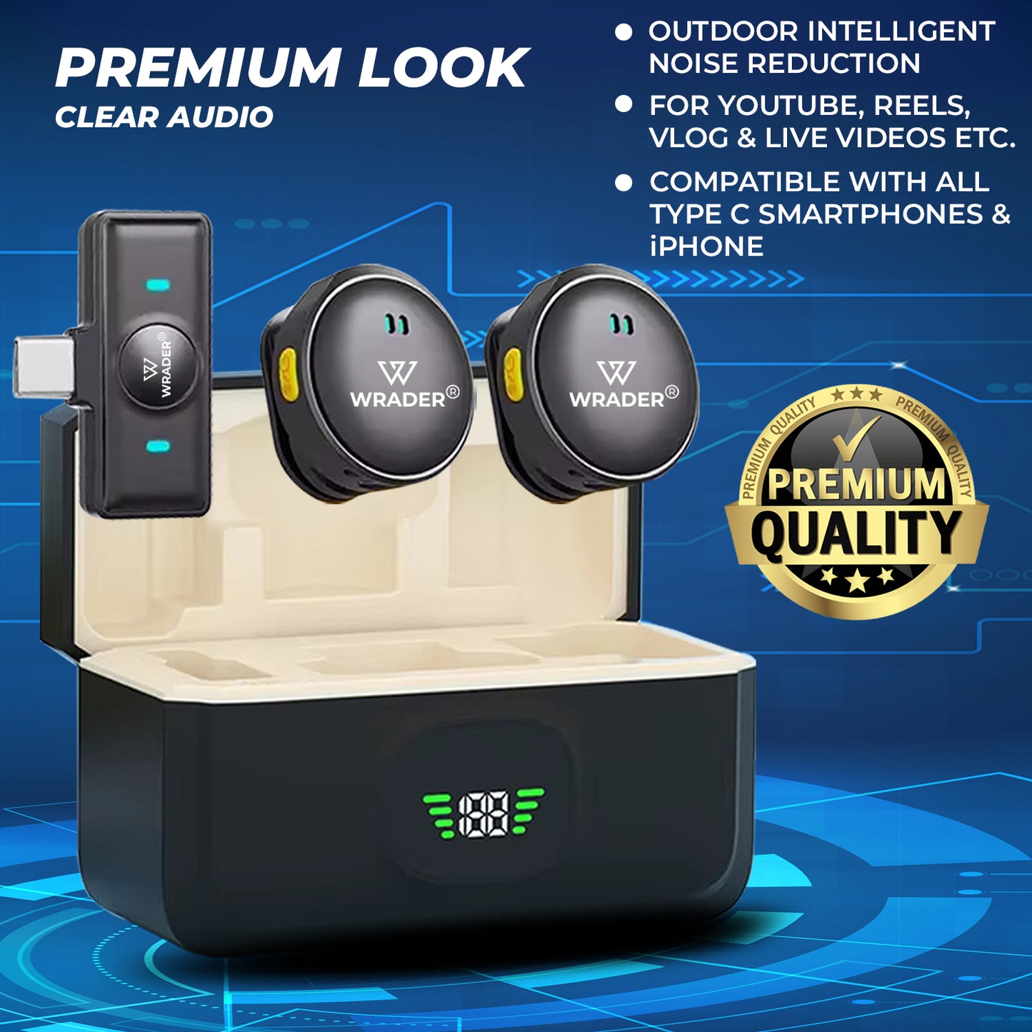 Wrader Q8 Wireless Microphone | Dual Mic Set with Noise Cancellation & Charging Case with Digital Display