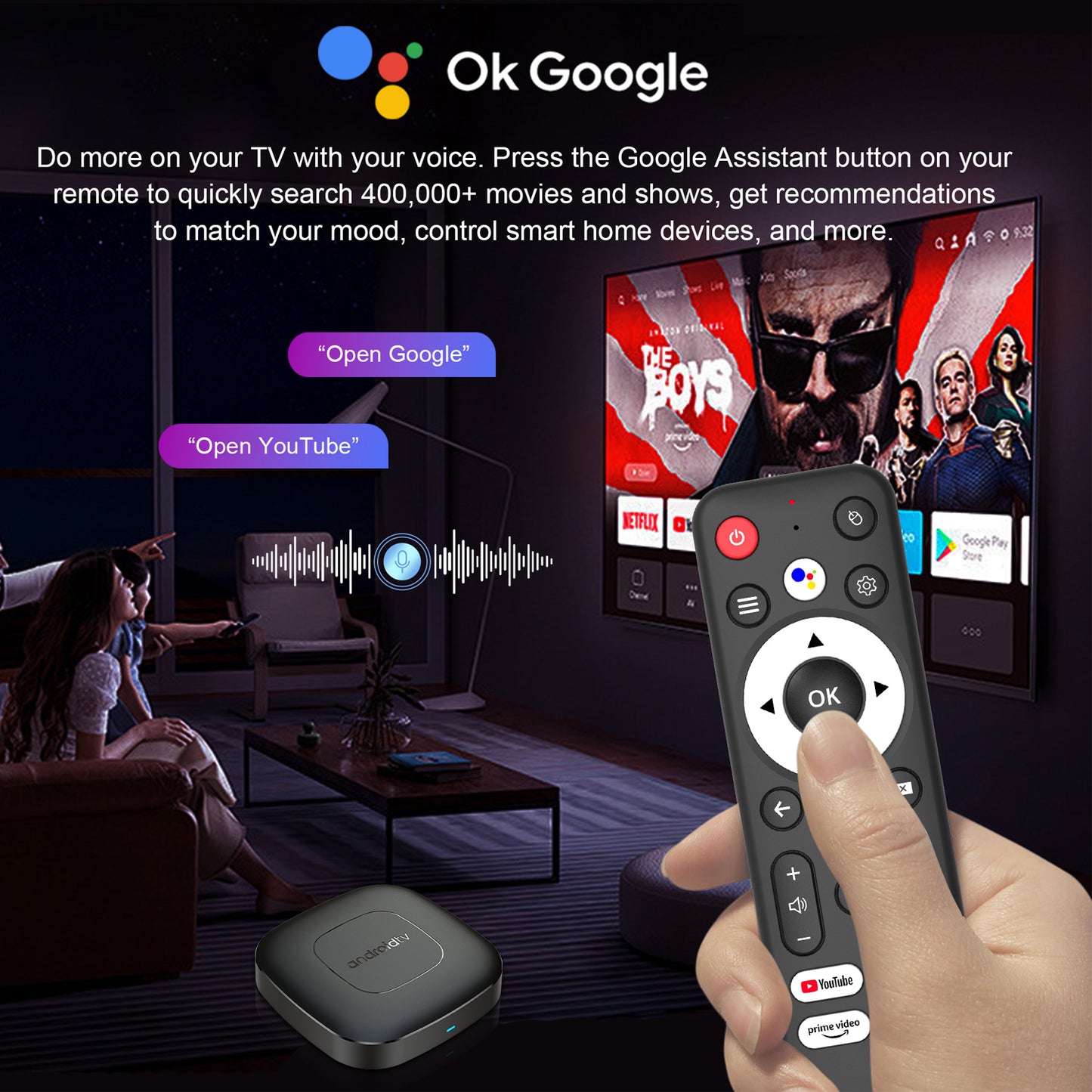 Q2 Android TV Box 4K Ultra HD Voice Control Compact Design With 4GB + 32GB