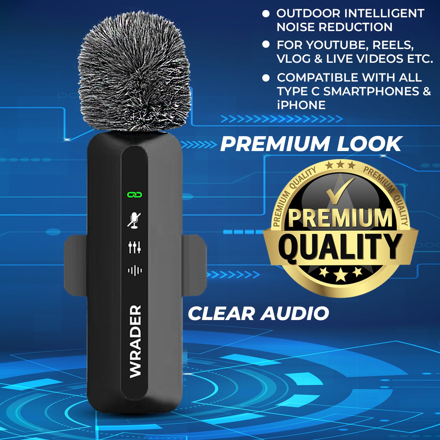 Wrader M14 Wireless Microphone with Furry Windshield Noise Cancellation Mute & Reverb Modes