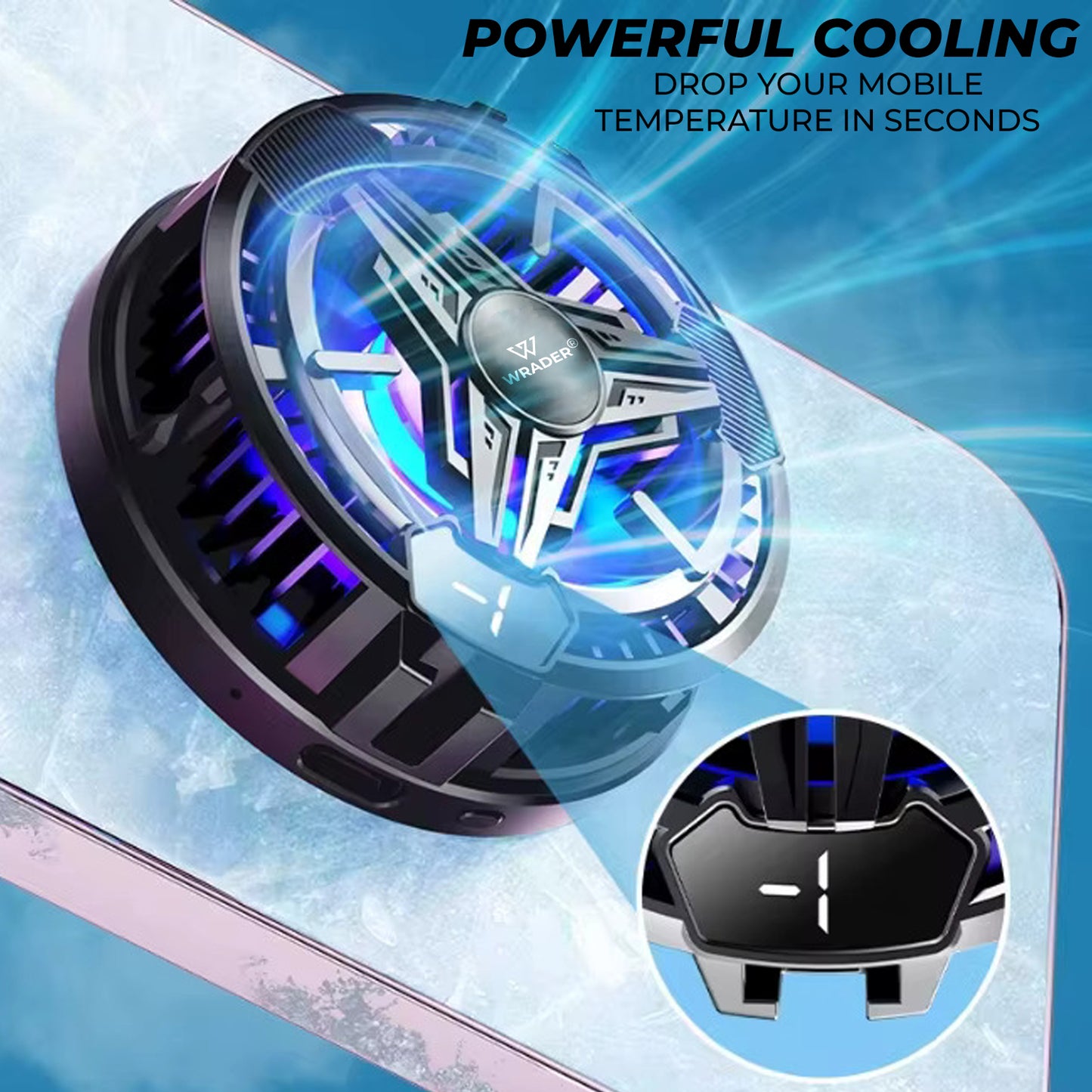 Wrader SL10 RGB Mobile Fan -3°C Cooling, Digital Display, Magnetic Mount, 2 Clips for Android