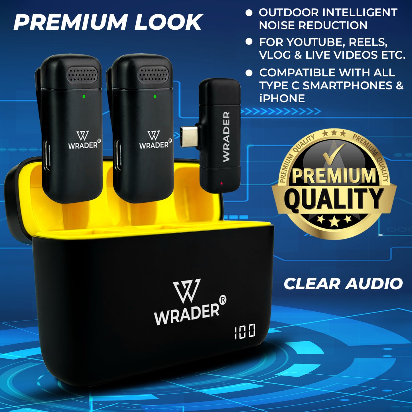 WRADER J06 Wireless Microphone with Digital Display Charger Case & Noise Reduction for Youtube Shorts Instagram Reels Facebook Reels Microphone