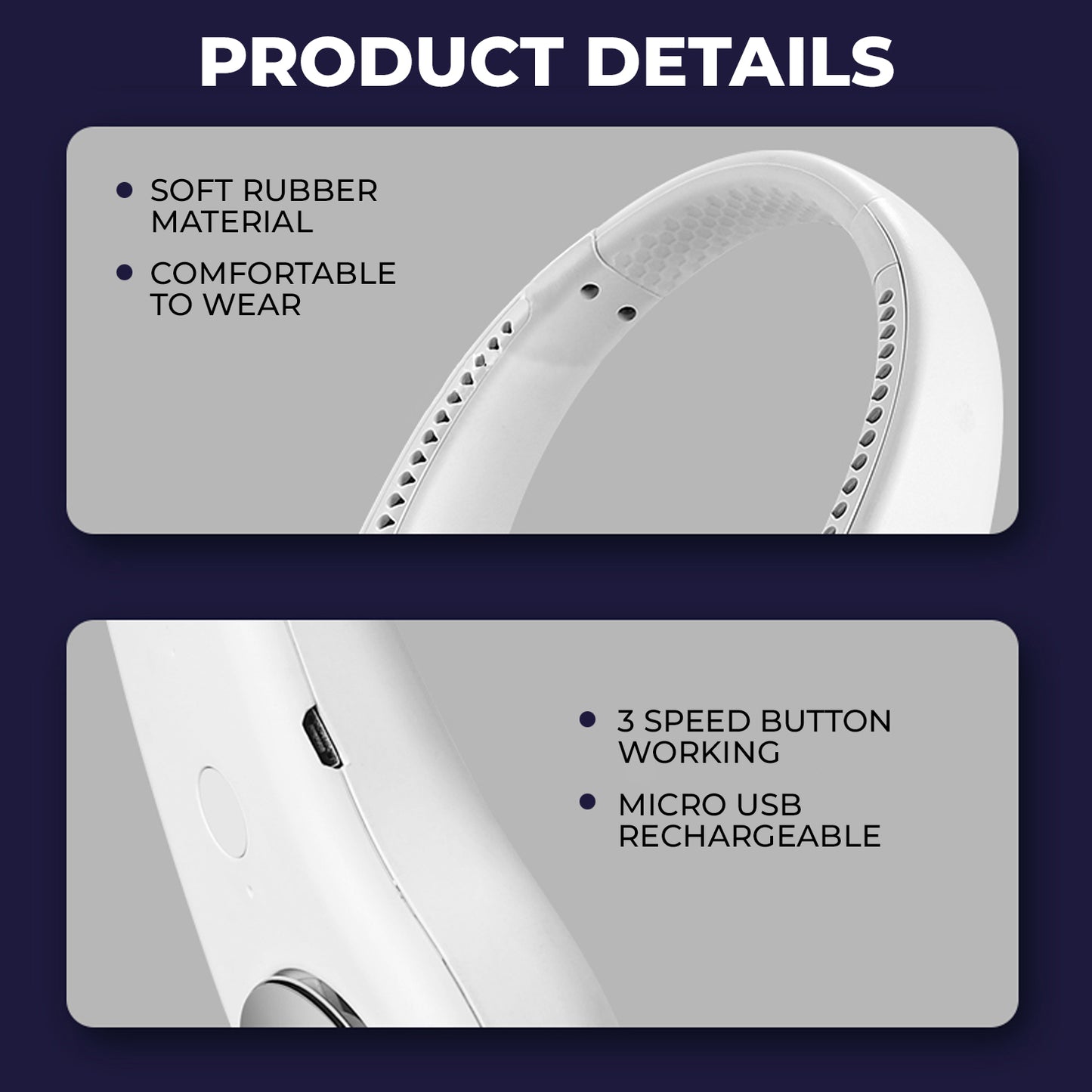 WRADER Portable USB Rechargeable Neckfan Personal Air Cooling Fan Neckband Neckfan 3 Air Speed Modes Hanging Neckband Fan for Boys and Girls Neck Fan Rechargeable Fan, USB Fan