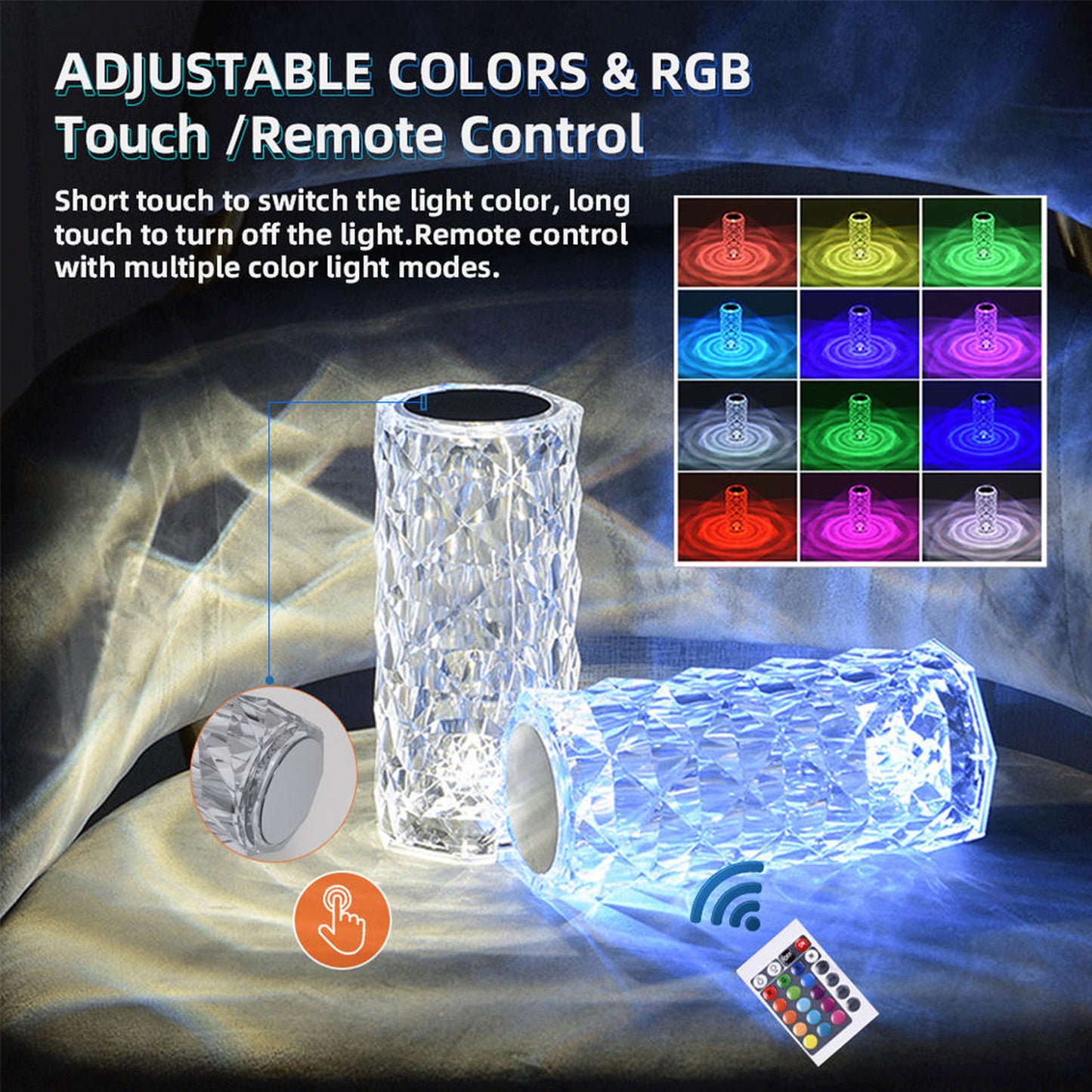 WRADER Rechargeable Crystal Lamp with 16 Color Modes Rose Diamond Table Lamp with Touch Night Lamp