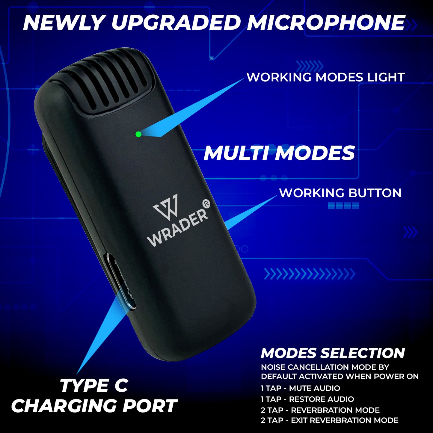 Wrader J13 Wireless Microphone – Dual Mic Set with Receiver, Charging Case, Noise Cancellation, and Wind Muffs