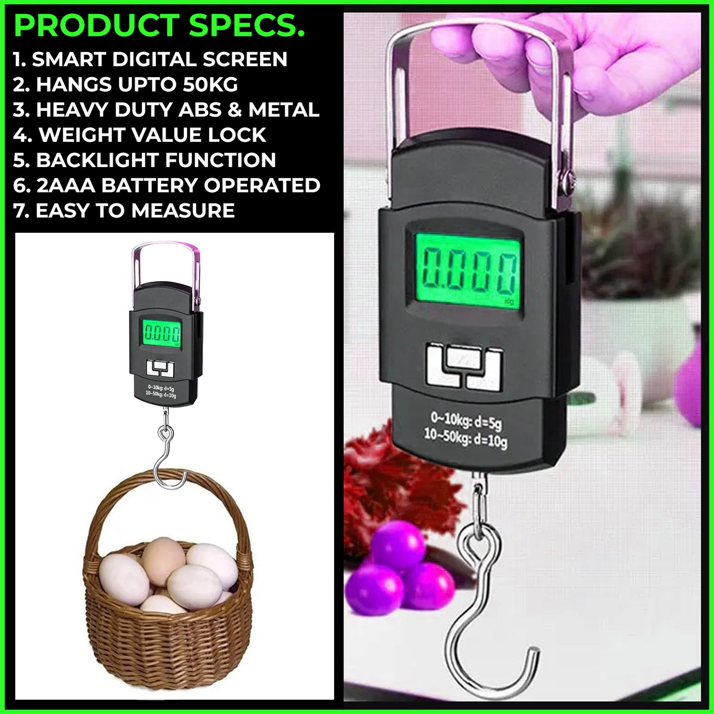 Multi Purpose Fish Hook Weighing Machine with Display for Luggage Weight Machine Upto 50Kg Hook Weighing Scale