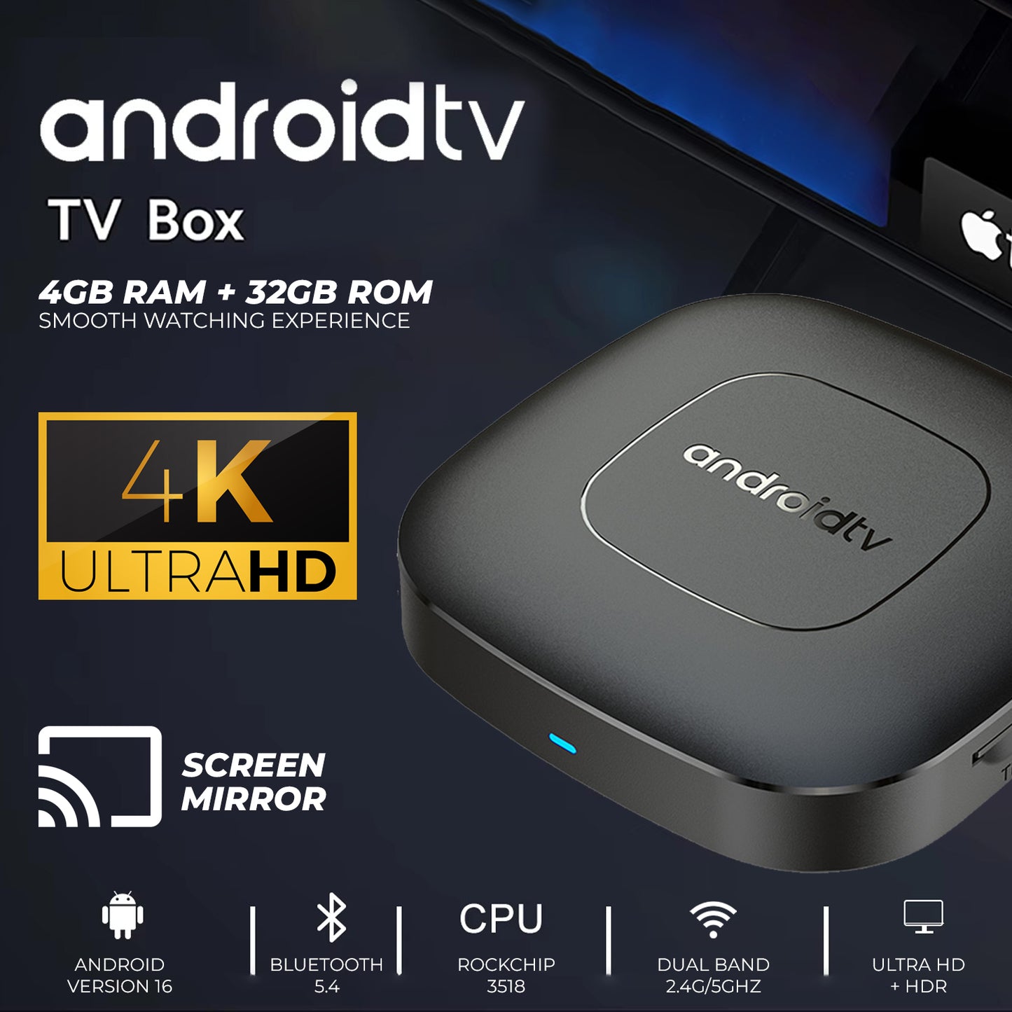 Q2 Android TV Box 4K Ultra HD Voice Control Compact Design With 4GB + 32GB