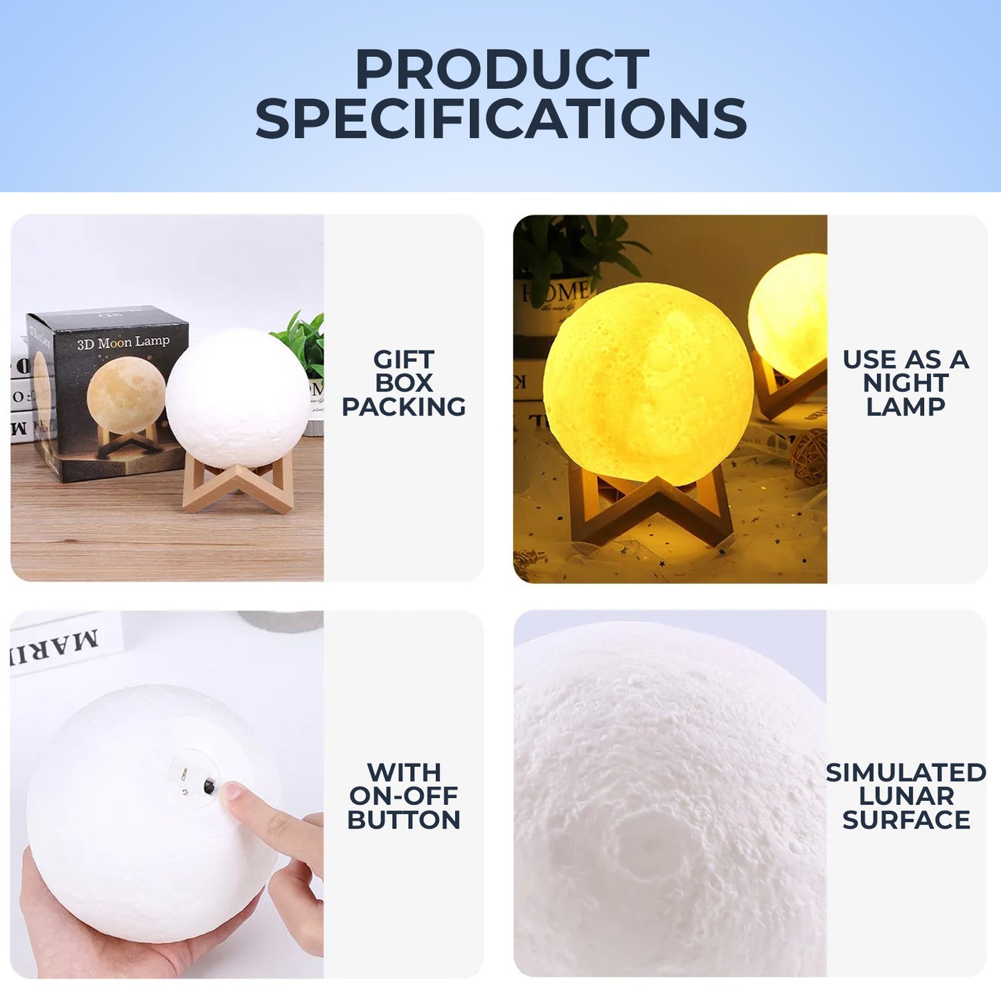 WRADER 3D Moon Lamp Night Moon Lamp with 7 Colors Light Glowing Modes Moon Light Night Lamp (15cm, Off-White)