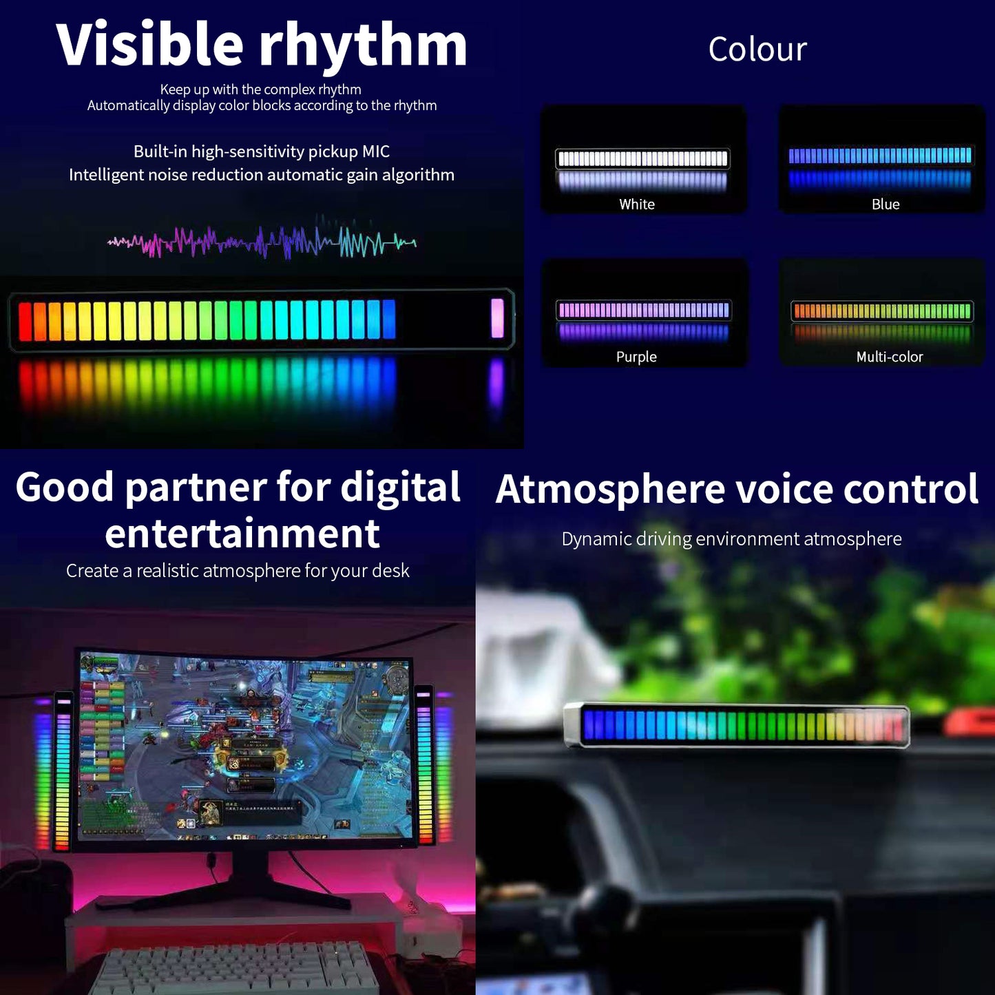 WRADER Rechargeable RGB Sound Control Voice-Activated Pickup Light Music Rhythm Light with Music Sync 32Bit Audio Spectrum Light for Car Desktop TV Gaming Led Light