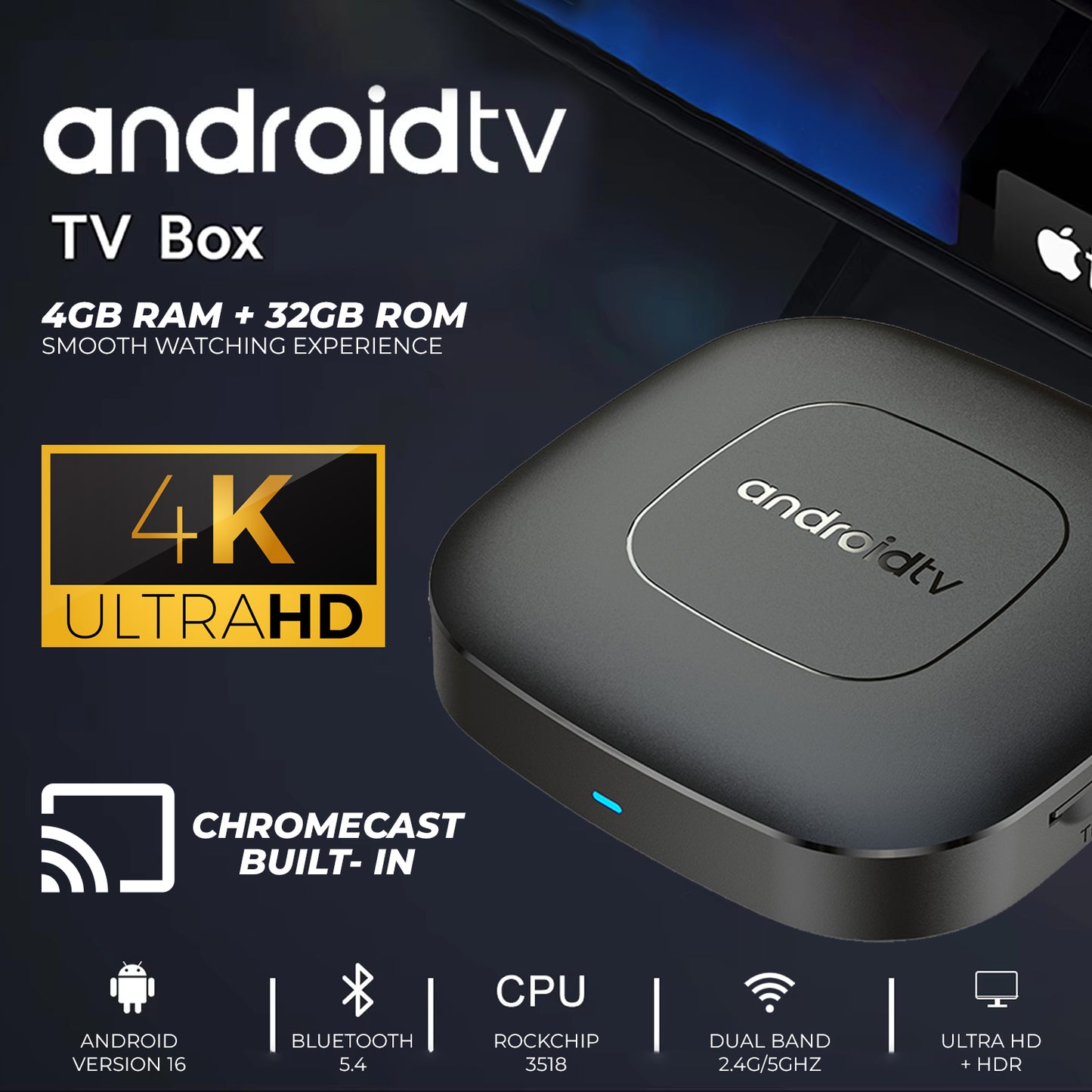 Q2 Android TV Box – 4GB RAM + 32GB Storage | Dual Band WiFi | Bluetooth 5.1 | Type-C Powered Smart TV Box