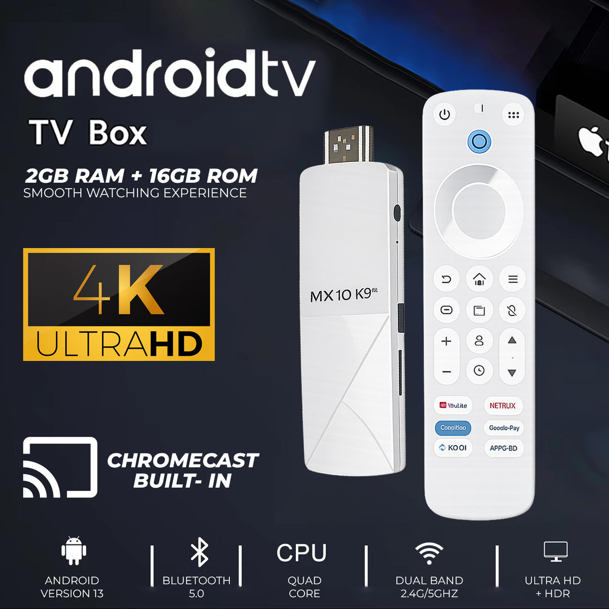 MX10 Android TV Stick 2GB RAM 16GB ROM | Up to 4K Ultra HD | Dual Band WiFi | Bluetooth | Smart TV Media Player
