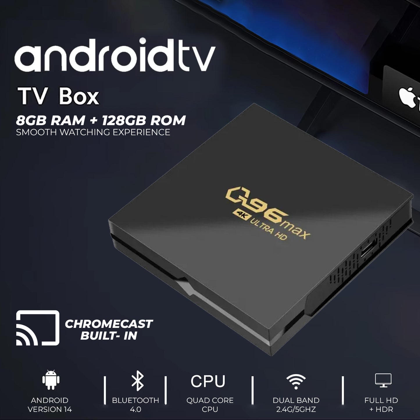 Q96 4K Ultra HD Android TV Box Android 14.0 8GB RAM 128GB ROM Free HDMI 3000+ Apps