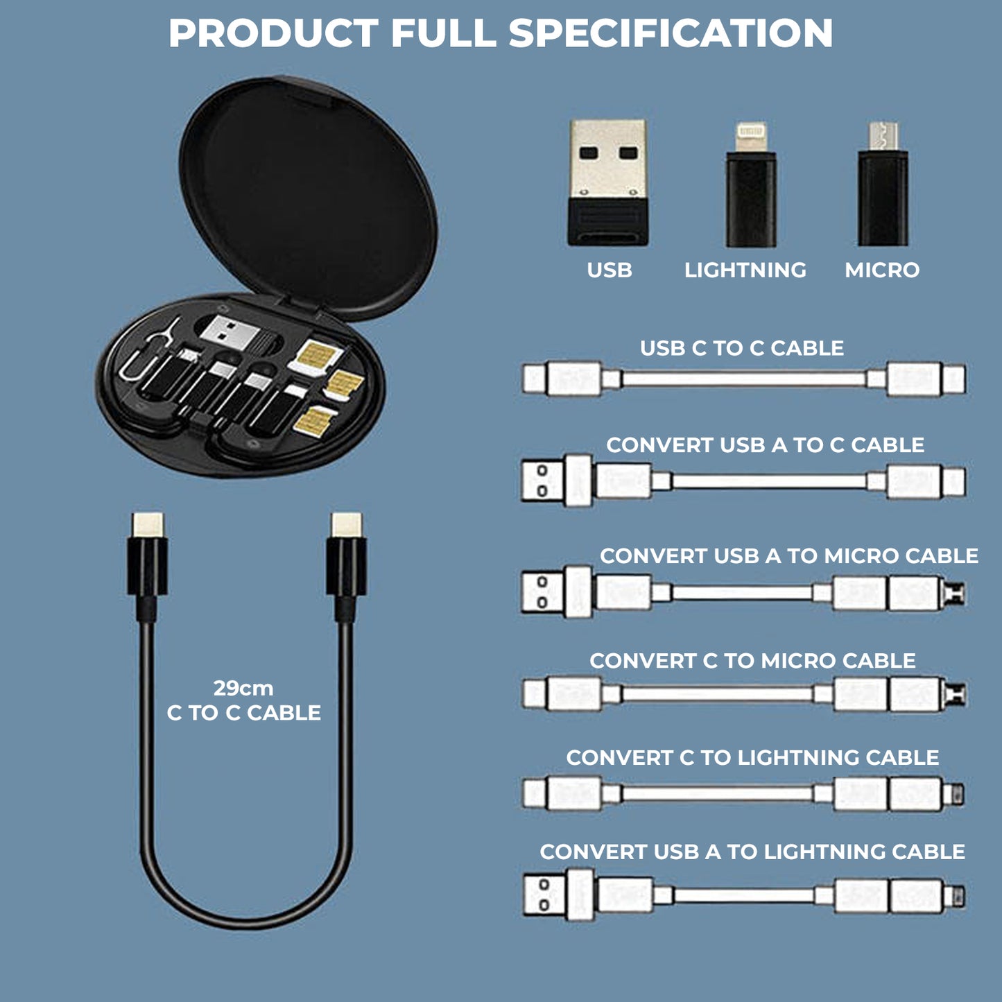 Multi-Function Fast Charging Cable Set Mobile Phone Holder Usb C - Micro USB - Lightning Cable OTG Adapter Card Data Cable Storage Box