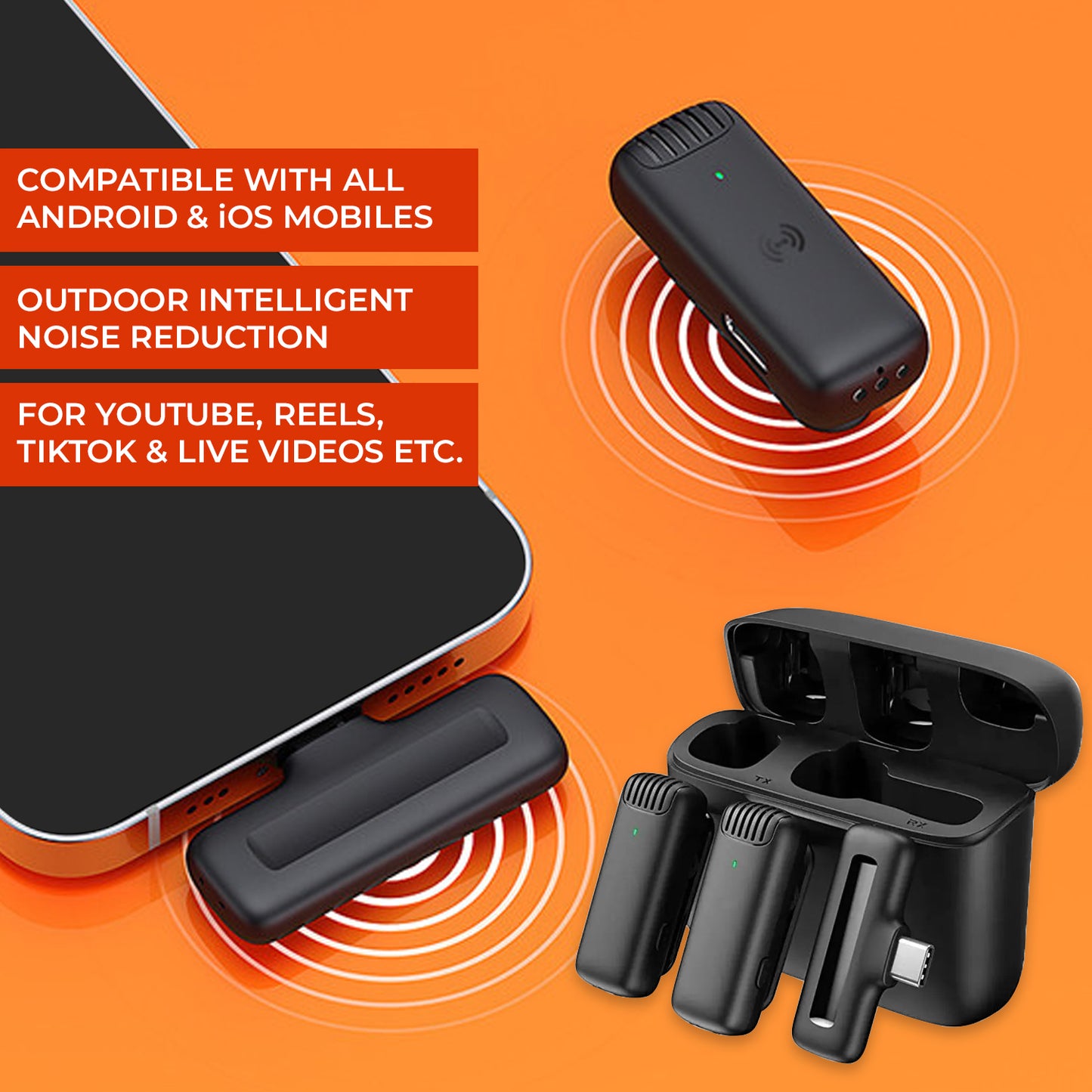 WRADER Dual User Wireless Mic with Noise Cancellation for Type C Mobiles and iPhone Microphone