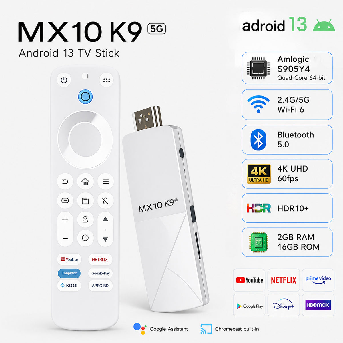 MX10 Android TV Stick 2GB RAM 16GB ROM | Up to 4K Ultra HD | Dual Band WiFi | Bluetooth | Smart TV Media Player