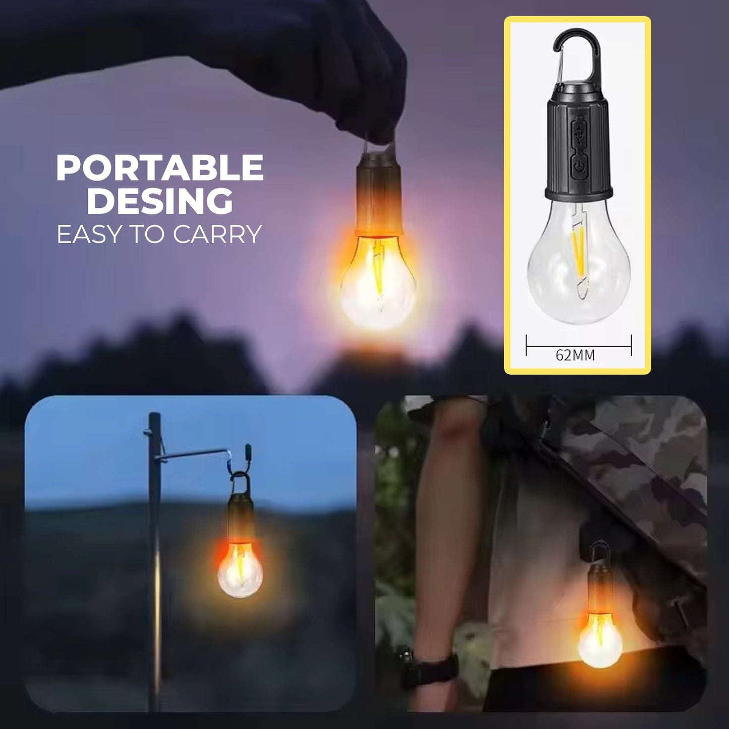 Rechargeable Hanging Hook Camping Bulb Light for Camping Hiking Household Tents Bulb Emergency Light