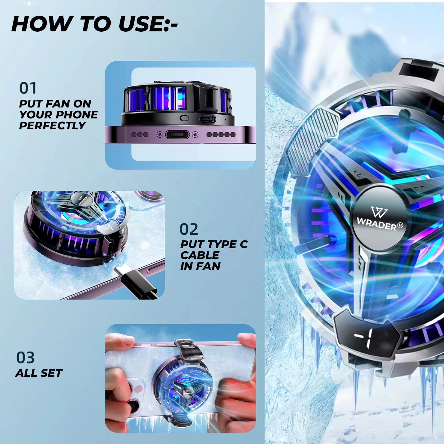 Wrader SL10 RGB Mobile Fan -3°C Cooling, Digital Display, Magnetic Mount, 2 Clips for Android